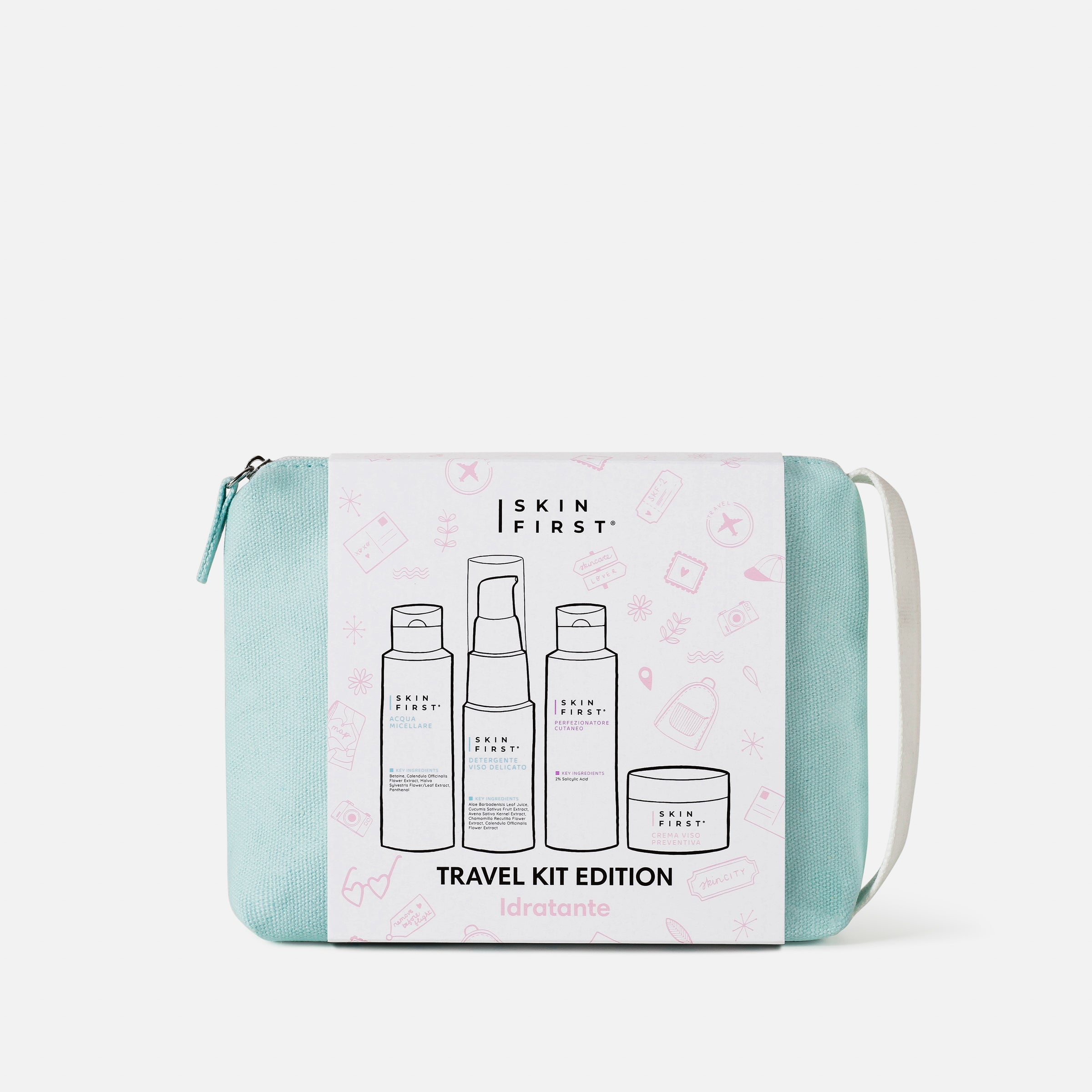 Travel Kit Idratante - Set Cosmetici da Viaggio mini size con Pochette